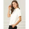Allegra K Women's Stand Collar Short Puff Sleeves Elegant Work Office Shirt Keyhole Blouses