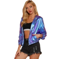 Allegra K Women's Holographic Shiny Long Sleeve Zipper Hooded Metallic Jacket -Women Store GUEST 033402cd 9c28 4cbe 8c96 2fd2cb059ee5