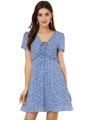 Allegra K Women's Floral Ruffle Trim Tie V Neck Shorts Sleeves Mini Dress 14 Allegra K Women's Floral Ruffle Trim Tie V Neck Shorts Sleeves Mini Dress - Image 12