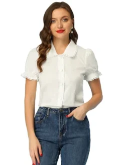 Allegra K Women's Doll Collar Short Sleeve Button Down Shirt -Women Store GUEST 063184b6 026c 4701 b8ad 17a043097750