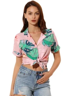 Allegra K Women's Hawaiian Floral Leaves Printed Short Sleeve Button Down Vintage Beach Shirt -Women Store GUEST 0671e1f3 68e4 4175 a23d 10111cde9e73