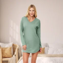 Women's Soft Ribbed Waffle Rib Knit Night Shirt, Oversized Sweater Top Sleep Shirt, Pajamas