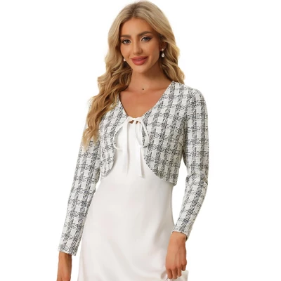 Allegra K Women's Tie Front Long Sleeve Plaid Tweed Short Shrugs 7 Allegra K Women's Tie Front Long Sleeve Plaid Tweed Short Shrugs - Image 5