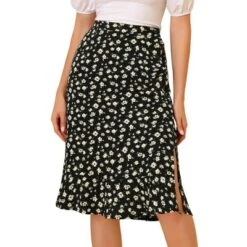 Allegra K Women's Floral Ruffle Elastic High Waist Button Flowy Split Midi Skirt -Women Store GUEST 0bbeaa39 b7b1 42a5 a964 ef9b3541f777