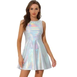 Allegra K Women's Metallic Sleeveless High Waist Party Holographic Dress -Women Store GUEST 0bd916ed 211e 48d1 b5f4 640a06f0849f