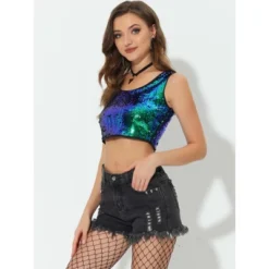 Allegra K Women's Metallic Sequin Sparkle Sleeveless Party Crop Tank Top