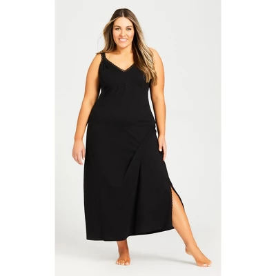 Women's Plus Size Lace Trim Maxi Sleep Dress - Black | AVENUE 5 Women's Plus Size Lace Trim Maxi Sleep Dress - Black | AVENUE - Image 3