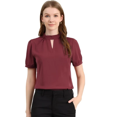 Allegra K Women's Stand Collar Short Puff Sleeves Elegant Work Office Shirt Keyhole Blouses 12 Allegra K Women's Stand Collar Short Puff Sleeves Elegant Work Office Shirt Keyhole Blouses - Image 10