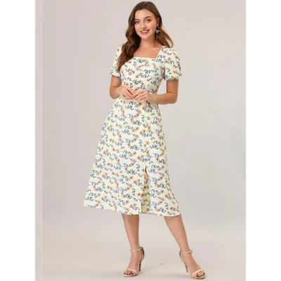 Allegra K Women's Summer Floral Dress Square Neck Puff Short Sleeve Split Midi Dress 4 Allegra K Women's Summer Floral Dress Square Neck Puff Short Sleeve Split Midi Dress - Image 2