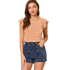 Allegra K Women's Ruffle Tops Casual V Neck Cap Sleeves Floral Blouse -Women Store GUEST 0fc78f68 b531 4d8e 84b0 20f3bd3b0e69