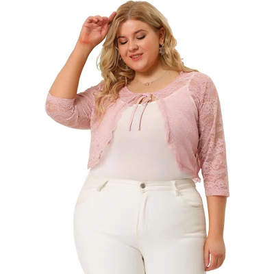 Agnes Orinda Women's Plus Size Shrug 3/4 Sleeves Lace Tie Neck Crop Bolero Cardigan 5 Agnes Orinda Women's Plus Size Shrug 3/4 Sleeves Lace Tie Neck Crop Bolero Cardigan - Image 3