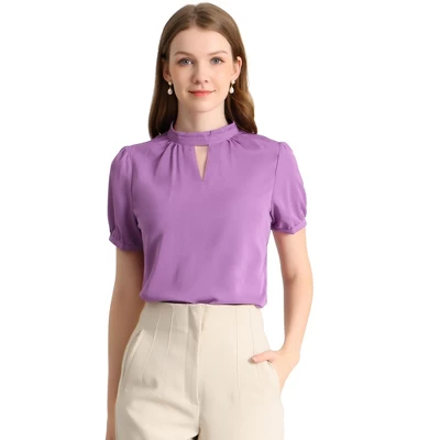 Allegra K Women's Stand Collar Short Puff Sleeves Elegant Work Office Shirt Keyhole Blouses 11 Allegra K Women's Stand Collar Short Puff Sleeves Elegant Work Office Shirt Keyhole Blouses - Image 9