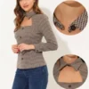 Allegra K Women's Choker Neck Blouse Houndstooth Print Long Sleeve Gothic Cutout Top