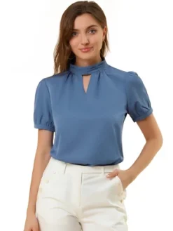 Allegra K Women's Stand Collar Short Puff Sleeves Elegant Work Office Shirt Keyhole Blouses 18 Allegra K Women's Stand Collar Short Puff Sleeves Elegant Work Office Shirt Keyhole Blouses -Women Store GUEST 16c93895 7349 4ef3 907e fd752f502214