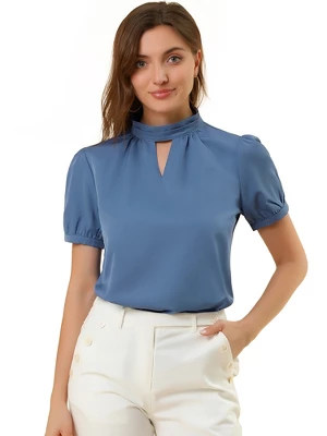 Allegra K Women's Stand Collar Short Puff Sleeves Elegant Work Office Shirt Keyhole Blouses 9 Allegra K Women's Stand Collar Short Puff Sleeves Elegant Work Office Shirt Keyhole Blouses - Image 7