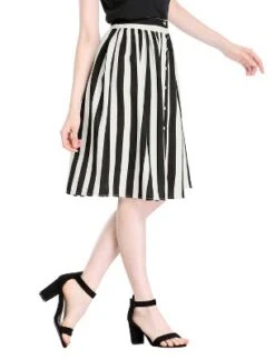 Allegra K Women's Stripes Button Front Elastic Back A-Line Midi Skirt -Women Store GUEST 17bc89c5 3eeb 43da ada5 8d20cddc7dc8