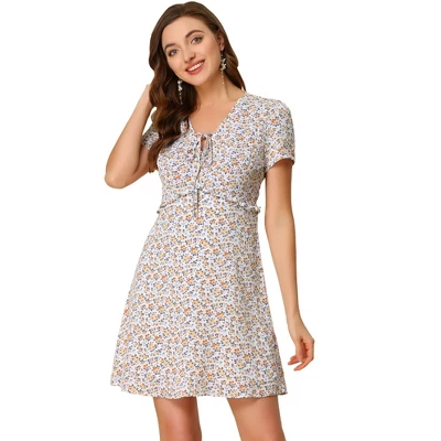 Allegra K Women's Floral Ruffle Trim Tie V Neck Shorts Sleeves Mini Dress 12 Allegra K Women's Floral Ruffle Trim Tie V Neck Shorts Sleeves Mini Dress - Image 10