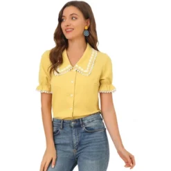 Allegra K Women's Sweet Peter Pan Contrast Collar Short Sleeves Button Up Blouse Tops