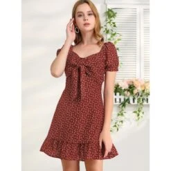 Allegra K Women's Vintage Tie Knot Sweetheart Neck Heart Print A-Line Ruffle Mini Dress