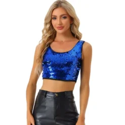 Allegra K Women's Metallic Sequin Sparkle Sleeveless Party Crop Tank Top -Women Store GUEST 1ee94525 8ee5 4f51 97b6 9f1e06c448d3