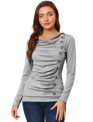 Allegra K Women's Cowl Neck Long Sleeves Buttons Decor Ruched Top 21 Allegra K Women's Cowl Neck Long Sleeves Buttons Decor Ruched Top - Image 19
