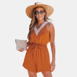 Women's Lace V-Neck Belted Romper - Cupshe -Women Store GUEST 1fc6855a 2e80 467b b32c 7437bfb0ccba