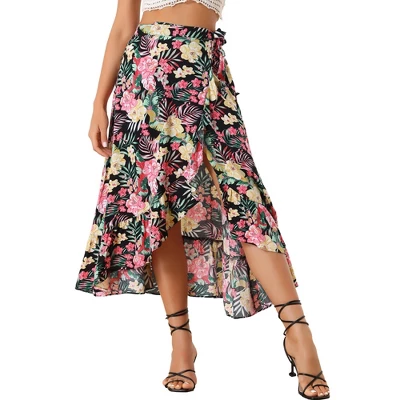 Allegra K Women's Tropical Floral Print Ruffle Self Tie Knot Split Beach Wrap Midi Skirt 8 Allegra K Women's Tropical Floral Print Ruffle Self Tie Knot Split Beach Wrap Midi Skirt - Image 6