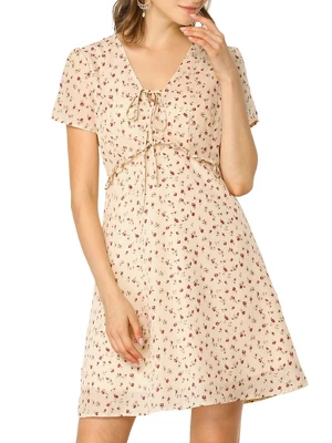 Allegra K Women's Floral Ruffle Trim Tie V Neck Shorts Sleeves Mini Dress 13 Allegra K Women's Floral Ruffle Trim Tie V Neck Shorts Sleeves Mini Dress - Image 11