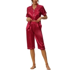 Cheibear Womens Pajama Sleepwear Button Down With Capri Pants Satin Lounge Pjs Set -Women Store GUEST 23a1358a 7360 4e5c b505 ed64a881168f