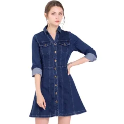 Allegra K Women's Button Down Collar V Neck Long Sleeve A-line Jean Denim Dress