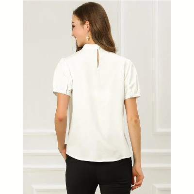 Allegra K Women's Stand Collar Short Puff Sleeves Elegant Work Office Shirt Keyhole Blouses 6 Allegra K Women's Stand Collar Short Puff Sleeves Elegant Work Office Shirt Keyhole Blouses - Image 4