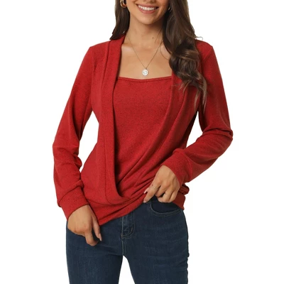 Seta T Women's Casual Fake Two-Piece Square Neck Long Sleeve Solid Color Knit Blouse 12 Seta T Women's Casual Fake Two-Piece Square Neck Long Sleeve Solid Color Knit Blouse - Image 10