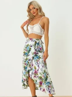 Allegra K Women's Tropical Floral Print Ruffle Self Tie Knot Split Beach Wrap Midi Skirt