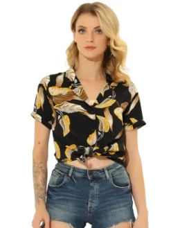 Allegra K Women's Hawaiian Floral Leaves Printed Short Sleeve Button Down Vintage Beach Shirt -Women Store GUEST 2bb87bb4 f93f 40a6 ba89 ca86448e2016