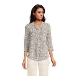Lands' End Women's 3/4 Sleeve Light Weight Jersey Ruffle Neck Pintuck Top