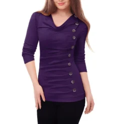 Allegra K Women's Cowl Neck Long Sleeves Buttons Decor Ruched Top