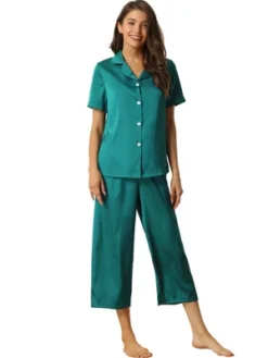 Cheibear Womens Pajama Sleepwear Button Down With Capri Pants Satin Lounge Pjs Set -Women Store GUEST 307c7bb4 fe83 4012 90bf 6d0da36c570e