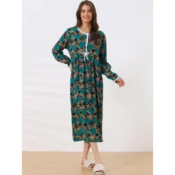 Cheibear Womens Pajamas Loungewear Long Sleeve Round Neck Midi Nightgown