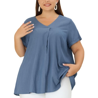 Agnes Orinda Women's Plus Size Blouse Casual V Neck Lounge Around Short Sleeve Solid Chambray Tops 8 Agnes Orinda Women's Plus Size Blouse Casual V Neck Lounge Around Short Sleeve Solid Chambray Tops - Image 6