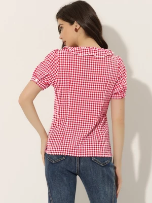 Allegra K Women's Plaid Gingham Puff Sleeve Ruffle Peter Pan Collar Shirt 4 Allegra K Women's Plaid Gingham Puff Sleeve Ruffle Peter Pan Collar Shirt - Image 2
