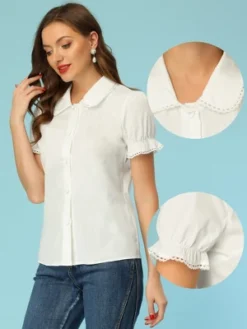 Allegra K Women's Doll Collar Short Sleeve Button Down Shirt