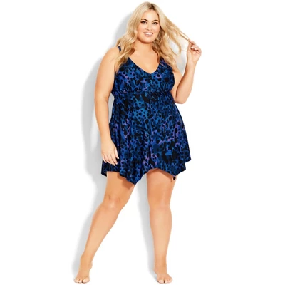 Women's Plus Size Sharkbite Print Swim Dress - Blue | AVENUE 5 Women's Plus Size Sharkbite Print Swim Dress - Blue | AVENUE - Image 3