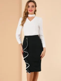 Allegra K Women's High Waist Ruffle Trim Split Work Office Pencil Skirts -Women Store GUEST 3bc4aae9 b335 4b39 af20 8db81f962f18