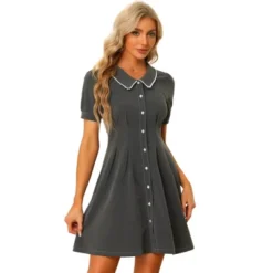 Allegra K Women's Chambray Puff Button Front Flare A-line Mini Shirt Dresses -Women Store GUEST 3fc0a9e3 36b5 4e2c acba ae7491887b72