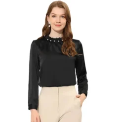 Allegra K Women's Elegant Pearls Beaded Pleated Mock Neck Work Satin Blouse -Women Store GUEST 428d4cdf 5646 491a b3a6 7b8b8f082d23