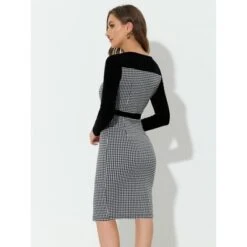 Allegra K Women's Vintage Houndstooth Square Neck Contrast Long Sleeve Midi Bodycon Dress -Women Store GUEST 42bba870 3781 4da1 a2b1 b101aca9a3d3