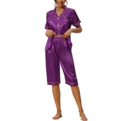 Cheibear Womens Pajama Sleepwear Button Down With Capri Pants Satin Lounge Pjs Set -Women Store GUEST 440e5764 6610 4d71 99f3 123913c62e20