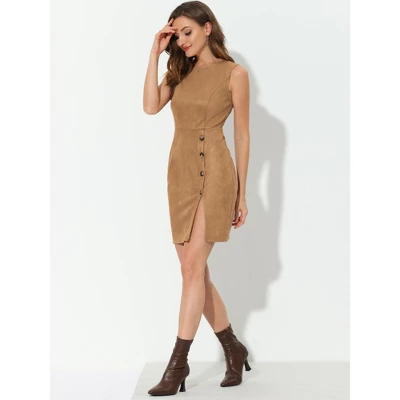 Allegra K Women's Button Decor Side Slit Faux Suede Work Pencil Sheath Dress 4 Allegra K Women's Button Decor Side Slit Faux Suede Work Pencil Sheath Dress - Image 2
