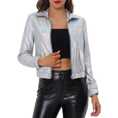 Allegra K Women's Track Holographic Shiny Long Sleeve Metallic Zip Front Jacket 14 Allegra K Women's Track Holographic Shiny Long Sleeve Metallic Zip Front Jacket - Image 12