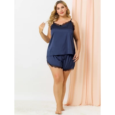 Agnes Orinda Women's Plus Size Lace Panel Elastic Waist Camisole Pajama Set 4 Agnes Orinda Women's Plus Size Lace Panel Elastic Waist Camisole Pajama Set - Image 2